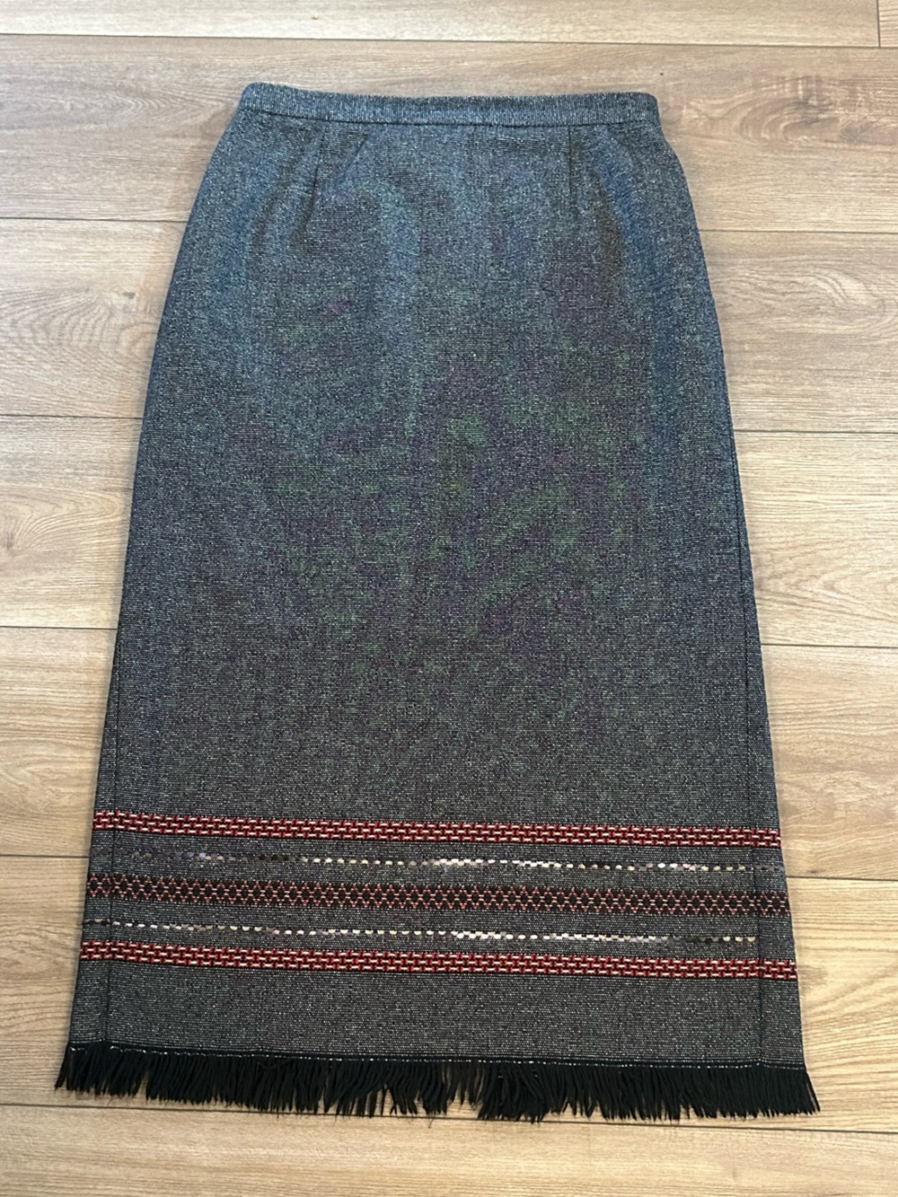 Vintage 80/90s Nouveaux Petite Wool Blend Fringe Skirt Charcoal 10P 33” - Picture 2 of 6